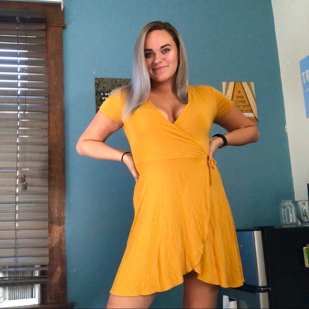 Short Sleeve Mustard Yellow Wrap Dress with Tie